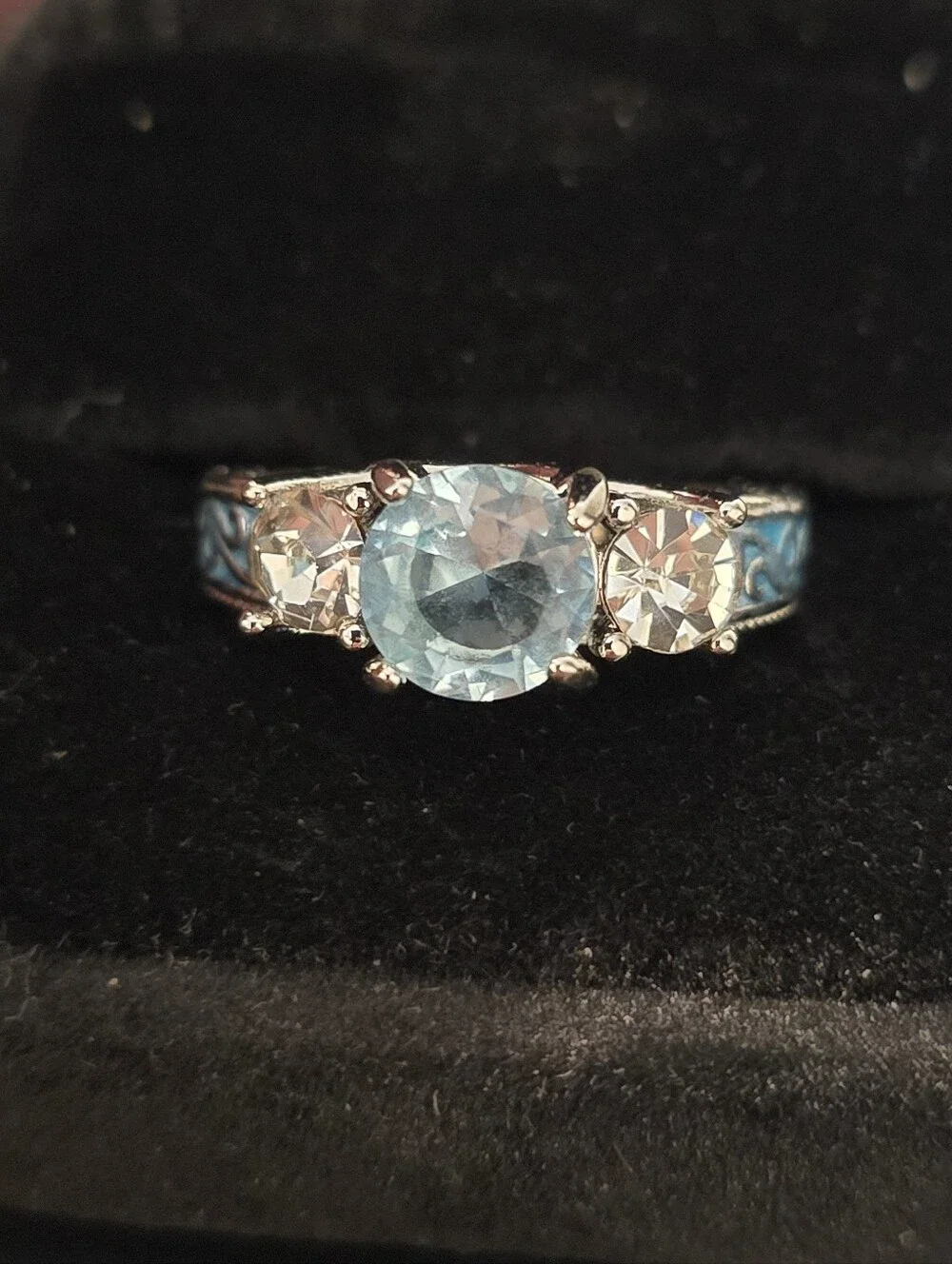 Aquamarine Three Stone Engagement Ring Vintage Filigree Enamel Band Size 7 CZ